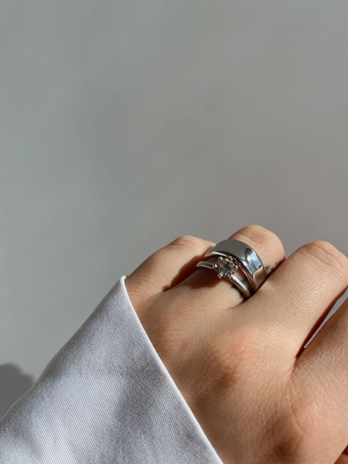 Nosotros A close-up photograph of a hand adorned with silver stylish rings on a white background.